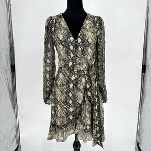 Leyden Python Snake Print Chiffon Wrap Short Dress Long Sleeve Ruffle Size Small